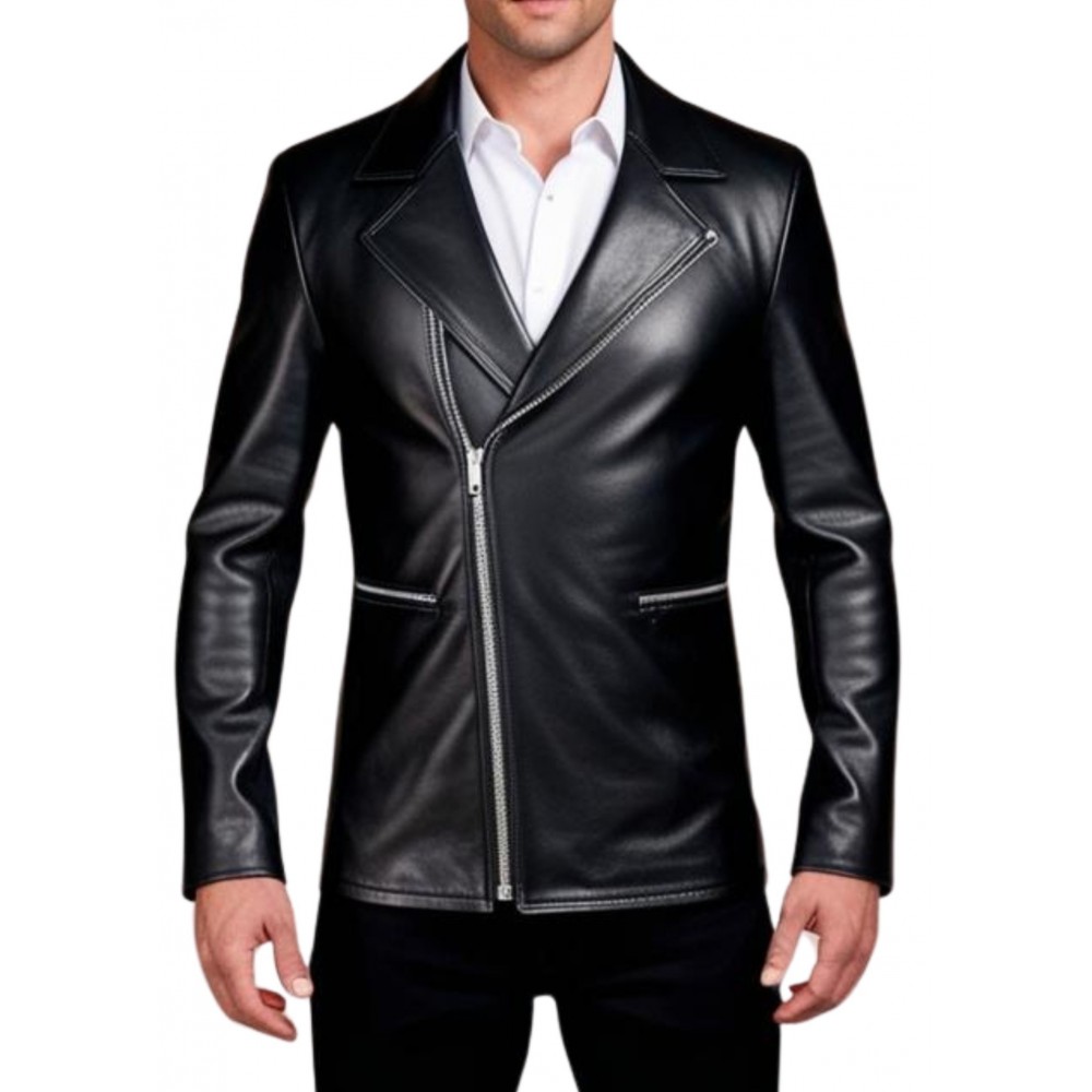 Veste cuir homme fermeture par zip avec fente au dos agneau noir modèle Danily