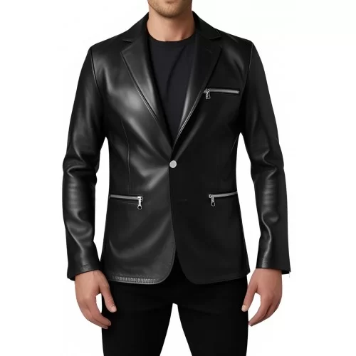 Blazer cuir agneau homme 2 boutons zip aux poches modèle Falone