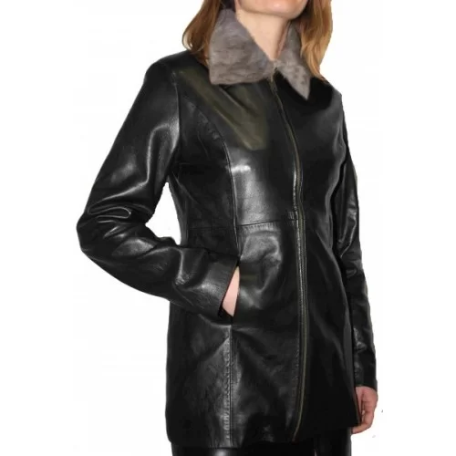 Veste en cuir d'agneau noir col lapin amovible modèle Elodie