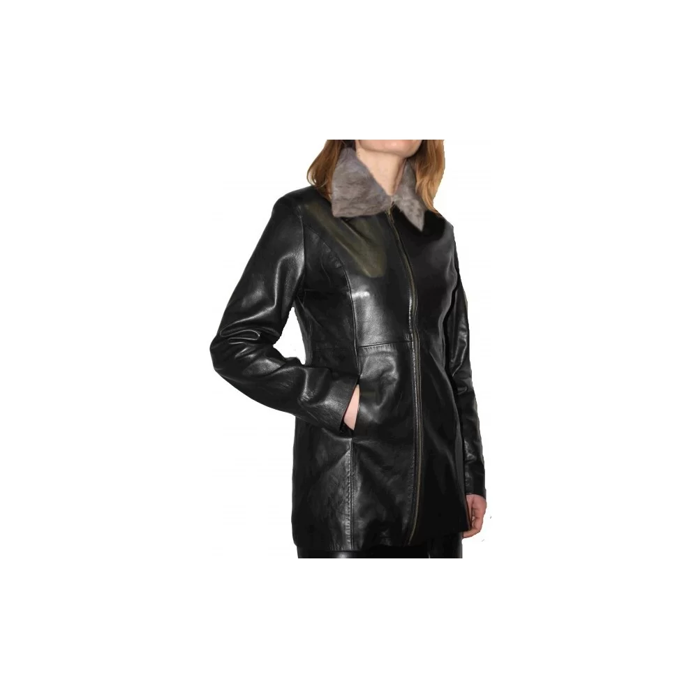 Veste en cuir d'agneau noir col lapin amovible modèle Elodie