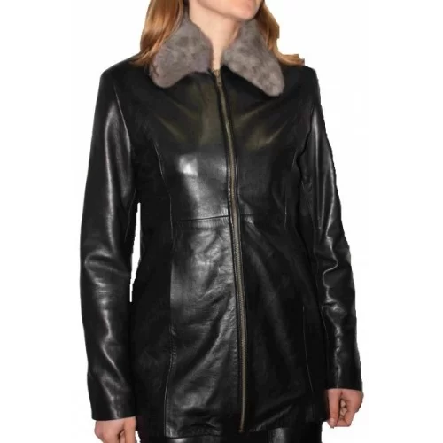 Veste en cuir d'agneau noir col lapin amovible modèle Elodie