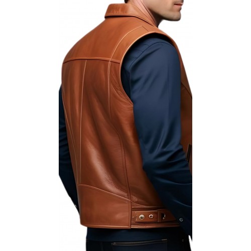 Gilet cuir homme en veau lisse marron style perfecto modèle Yalo