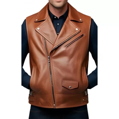 Gilet cuir homme en veau lisse marron style perfecto modèle Yalo