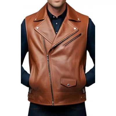 Gilet cuir homme en veau lisse marron style perfecto modèle Yalo