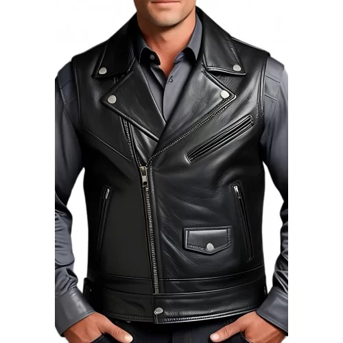 Gilet cuir homme type oefecto en vachette lisse noir style modèle Banilo