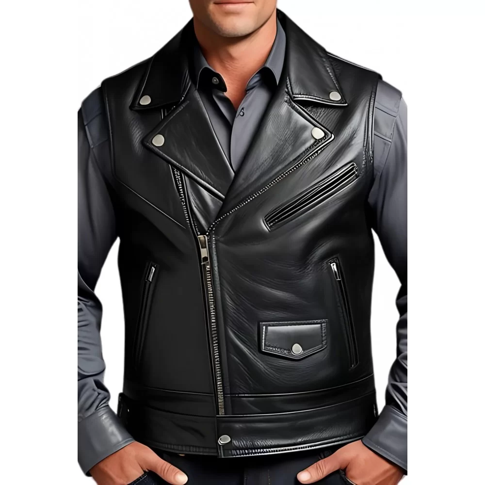 Gilet cuir homme type oefecto en vachette lisse noir style modèle Banilo