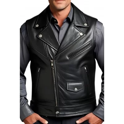 Gilet cuir homme type oefecto en vachette lisse noir style modèle Banilo