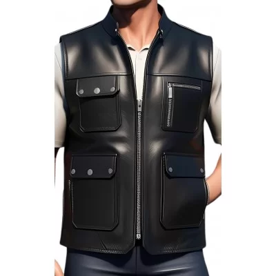 Gilet cuir reporteur homme en veau lisse noir modèle Globeur