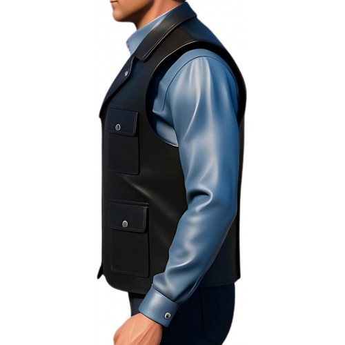 Gilet cuir type reporteur homme en vachette lisse noir modèle Pirate