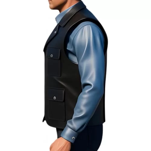 Gilet cuir type reporteur homme en vachette lisse noir modèle Pirate