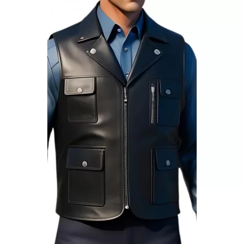 Gilet cuir type reporteur homme en vachette lisse noir modèle Pirate