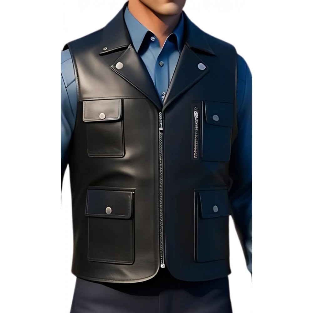 Gilet cuir type reporteur homme en vachette lisse noir modèle Pirate