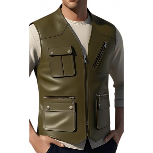 Gilet cuir type reporteur homme en veau lisse kaki modèle Mondo
