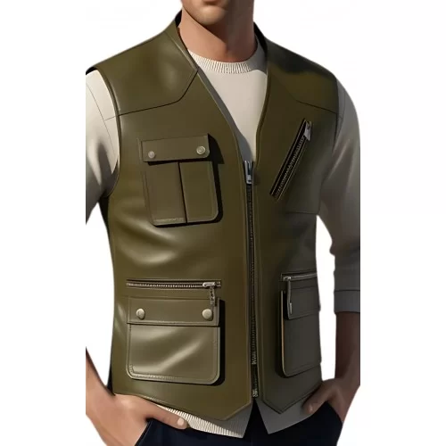 Gilet cuir type reporteur homme en veau lisse kaki modèle Mondo