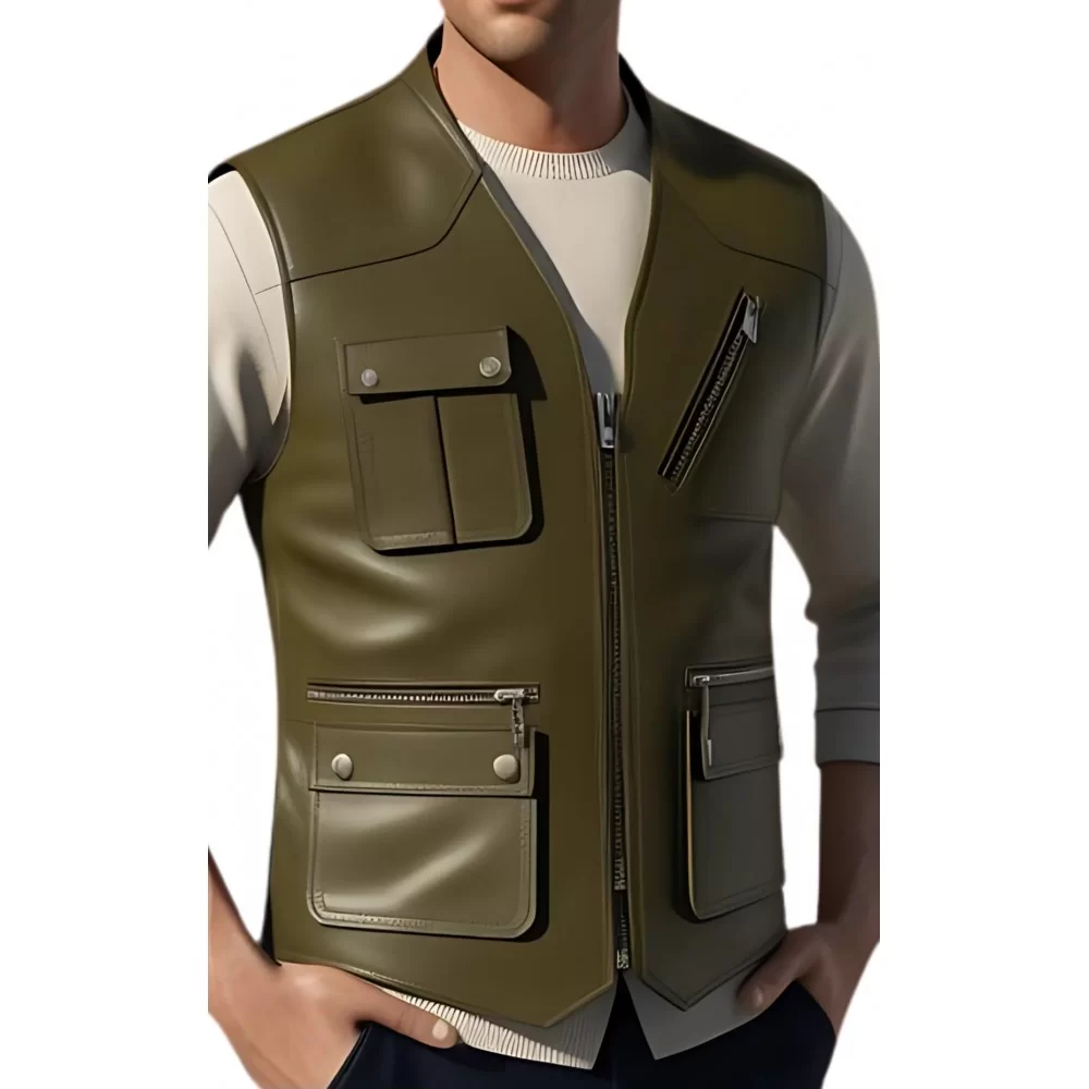 Gilet cuir type reporteur homme en veau lisse kaki modèle Mondo