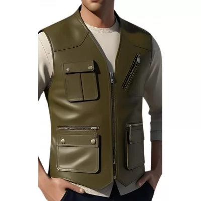 Gilet cuir type reporteur homme en veau lisse kaki modèle Mondo
