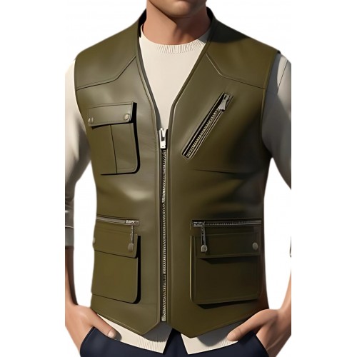 Gilet cuir type reporteur homme en veau lisse kaki modèle Mondo