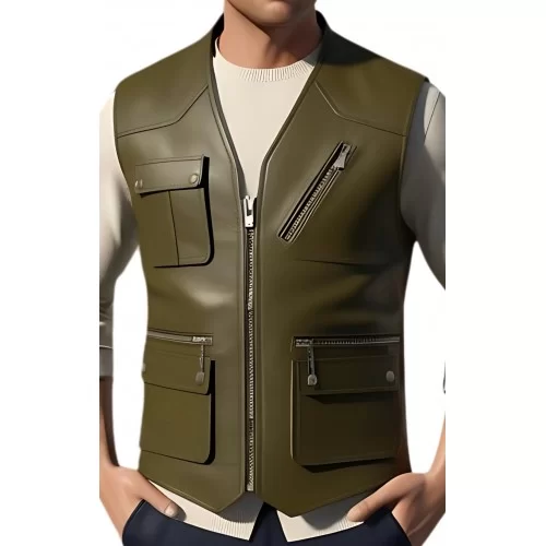 Gilet cuir type reporteur homme en veau lisse kaki modèle Mondo