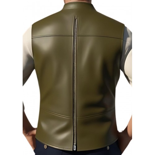 Gilet cuir type reporteur homme en veau lisse kaki modèle Mondo