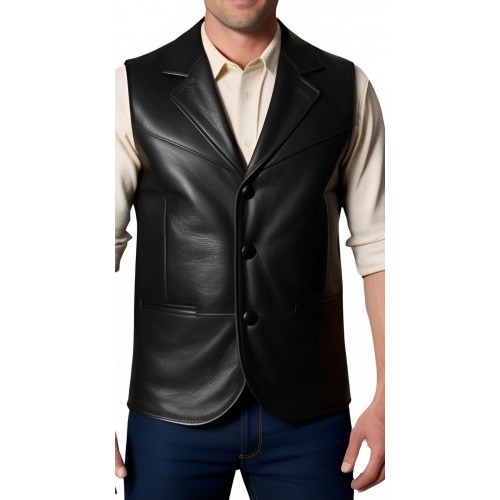 Gilet cuir long homme en agneau noir et dos agneau velours noir modèle Oracle