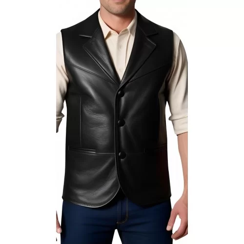 Gilet cuir long homme en agneau noir et dos agneau velours noir modèle Oracle