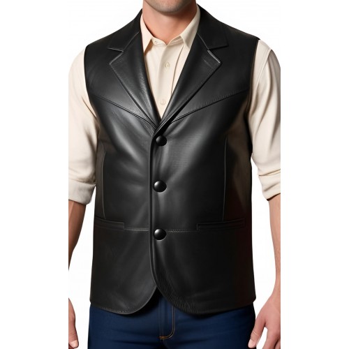 Gilet cuir long homme en agneau noir et dos agneau velours noir modèle Oracle