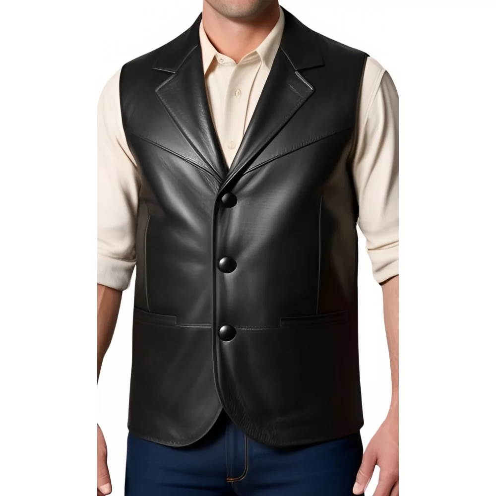 Gilet cuir long homme en agneau noir et dos agneau velours noir modèle Oracle