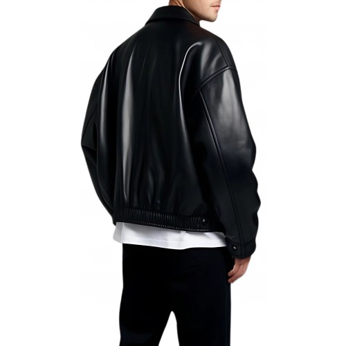 Blouson cuir oversize en agneau noir modèle Arolin