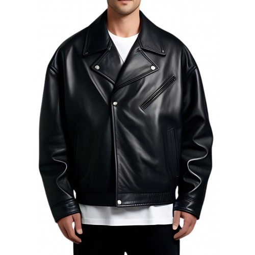 Blouson cuir oversize en agneau noir modèle Arolin