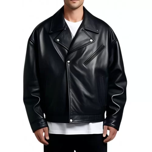 Blouson cuir oversize en agneau noir modèle Arolin