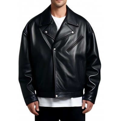 Blouson cuir oversize en agneau noir modèle Arolin