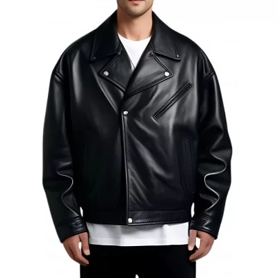 Blouson cuir oversize en agneau noir modèle Arolin