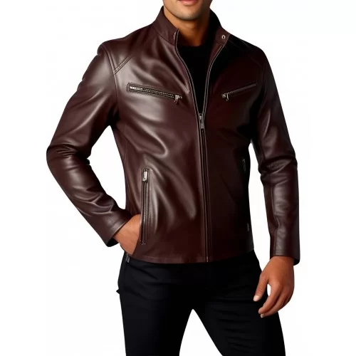 Blouson cuir homme classique en agneau marron modèle Zerome