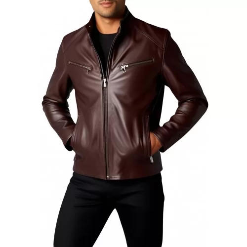 Blouson cuir homme classique en agneau marron modèle Zerome