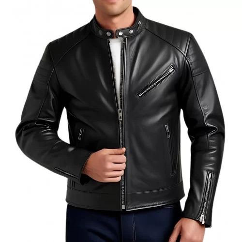 Blouson homme en cuir d'agneau noir modèle Hiron