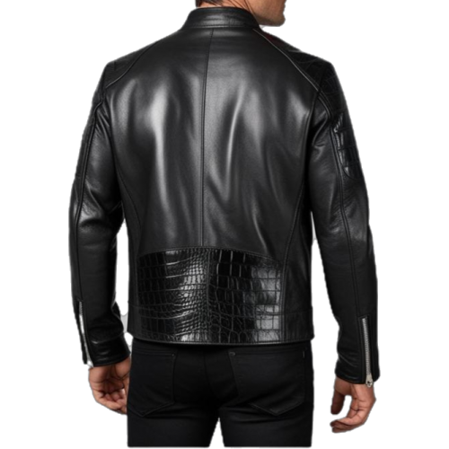 Blouson agneau plongé noir incrustation de peaux de crocodile véritable modèle Zeus