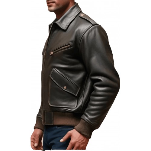 Blouson aviateur style fly américain vintage coupe ajustée homme cuir marron modèle Modira