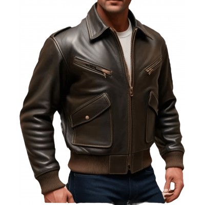 Blouson aviateur style fly américain vintage coupe ajustée homme cuir marron modèle Modira
