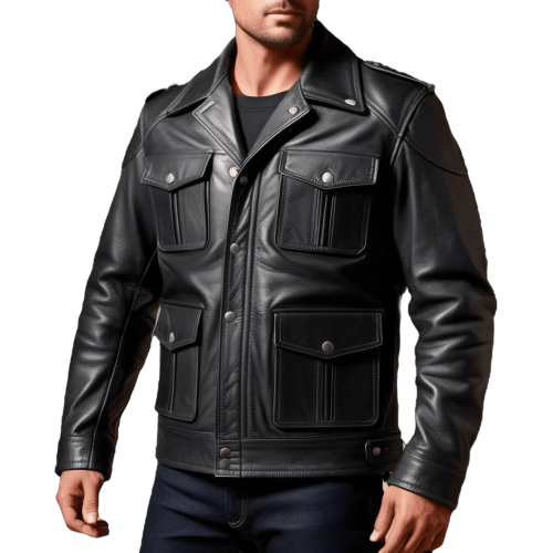 Blouson style perfecto multi poches en cuir homme veau noir modèle Gabin