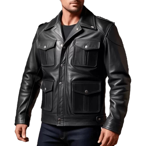 Blouson style perfecto multi poches en cuir homme veau noir modèle Gabin