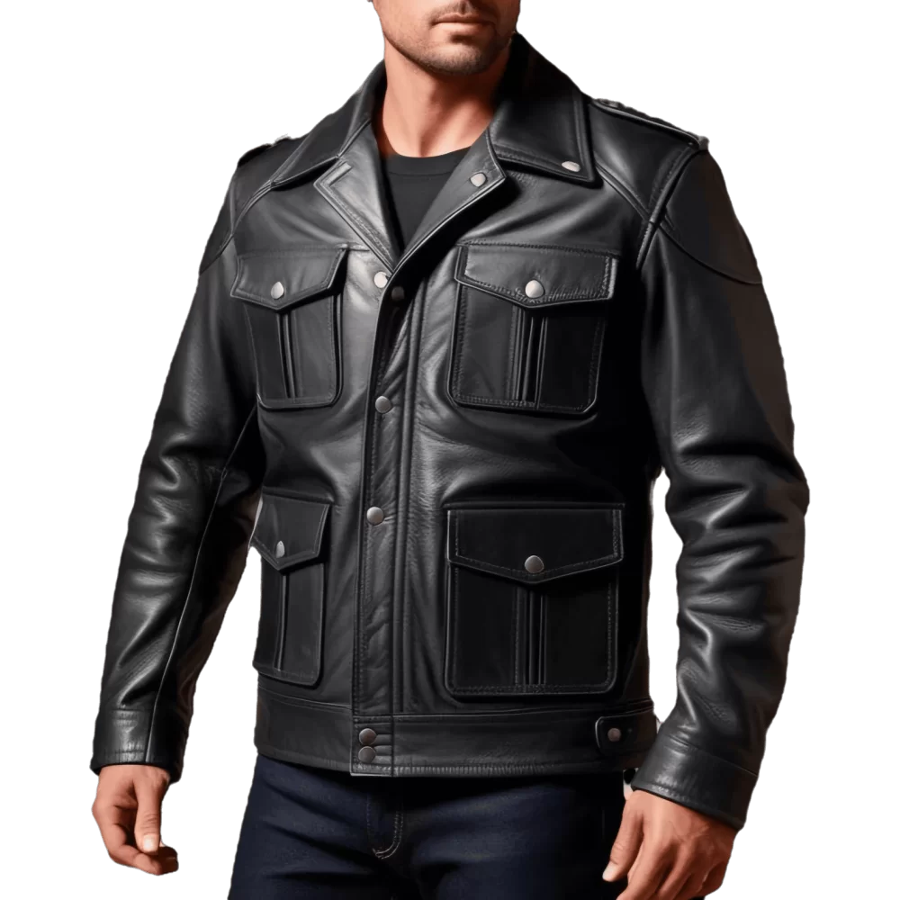 Blouson style perfecto multi poches en cuir homme veau noir modèle Gabin