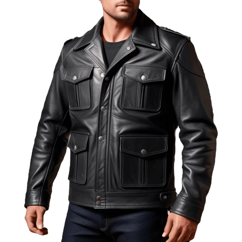 Blouson style perfecto multi poches en cuir homme veau noir modèle Gabin