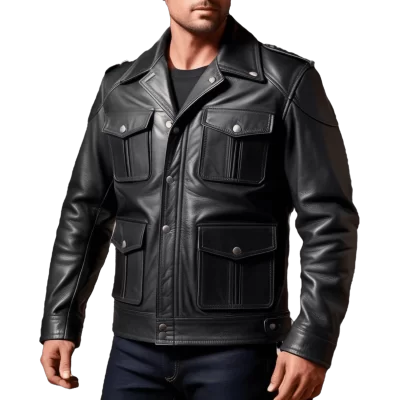 Blouson style perfecto multi poches en cuir homme veau noir modèle Gabin