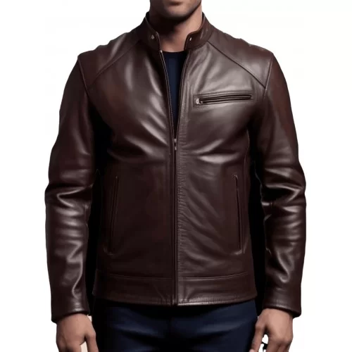 Blouson coupe classique droite en cuir marron homme modèle Carlota