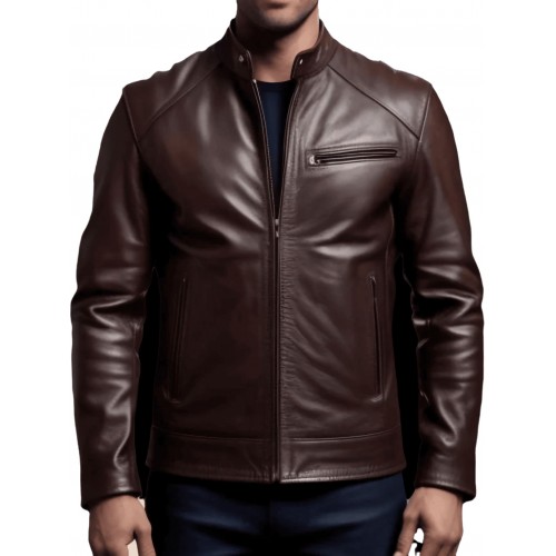 Blouson homme coupe classique droite en cuir d'agneau marron modèle Carlota