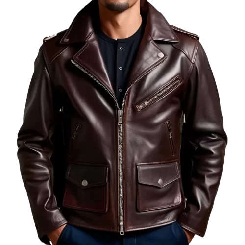 Blouson style perfecto coupe vintage en cuir homme veau marron modèle Atlas