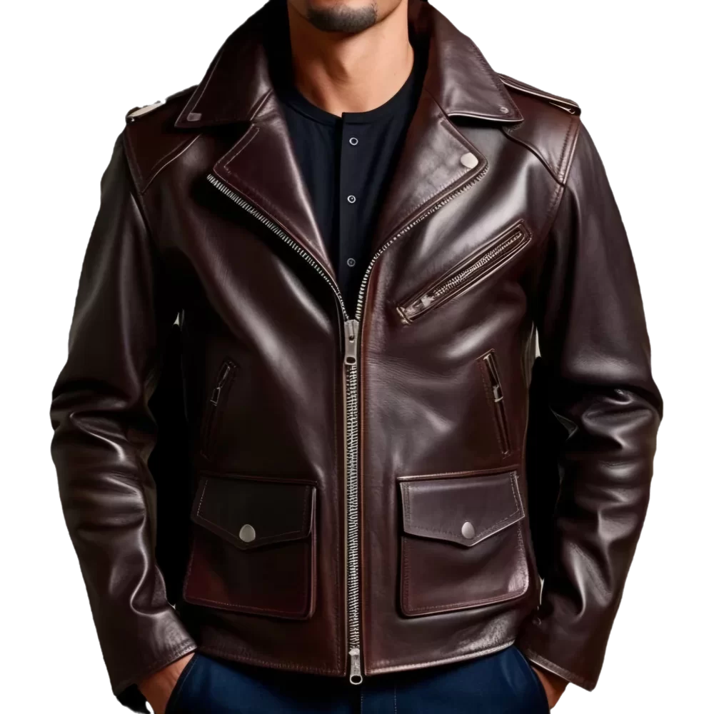 Blouson style perfecto coupe vintage en cuir homme veau marron modèle Atlas