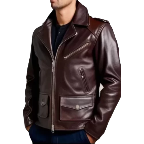Blouson style perfecto coupe vintage en cuir homme veau marron modèle Atlas