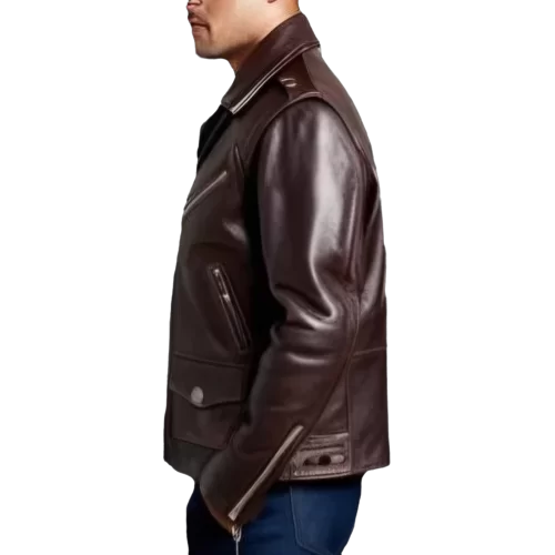 Blouson style perfecto coupe vintage en cuir homme veau marron modèle Atlas