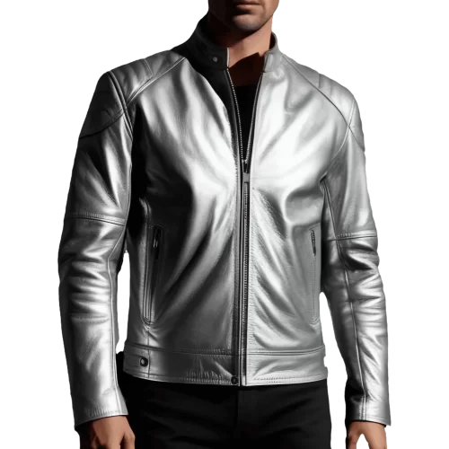 Blouson coupe droite en cuir gris métal homme modèle Sylvestre